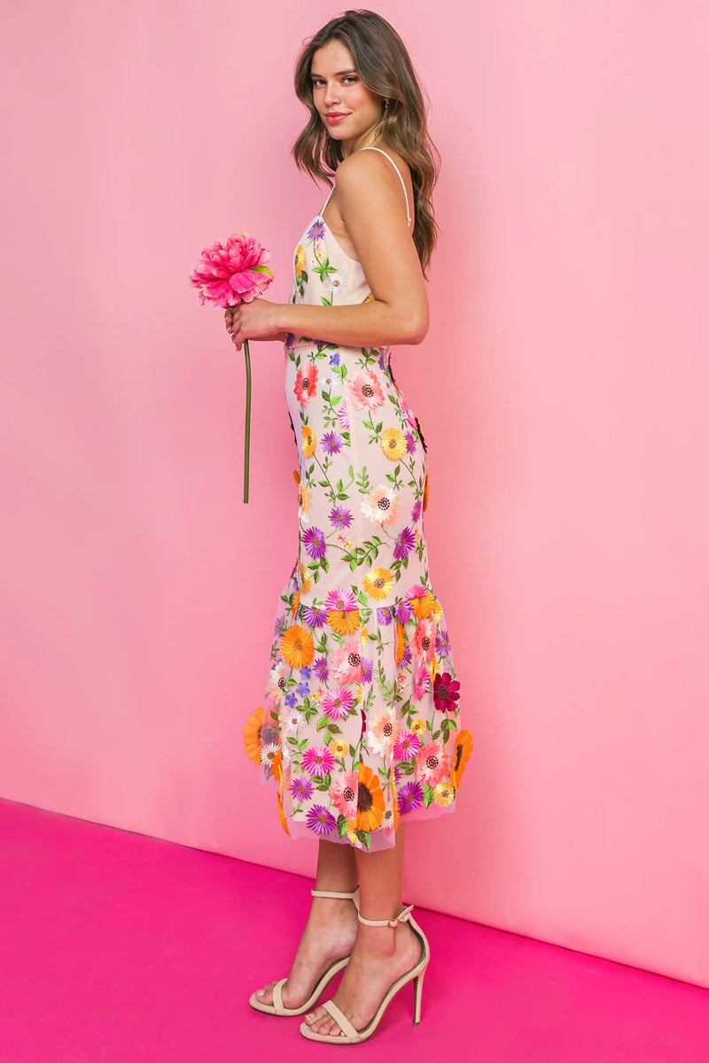 BETTER DAYS 3D Floral Appliqué Midi Dress