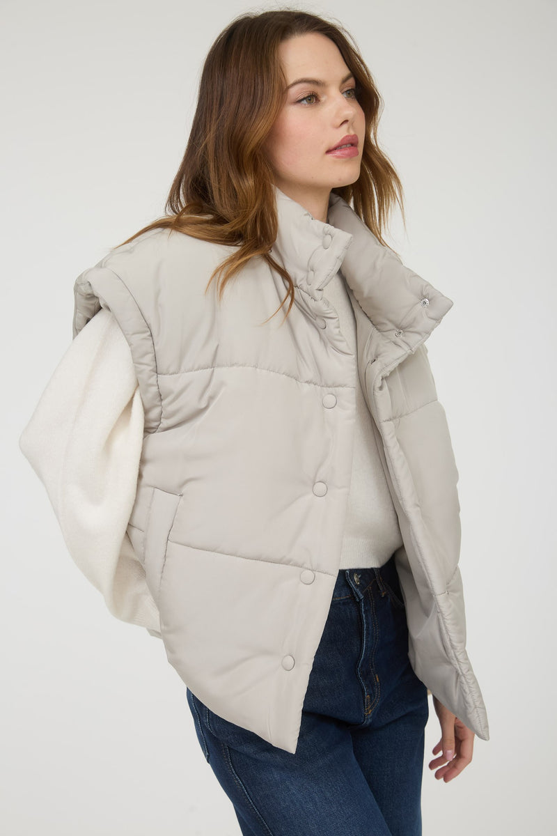 Oversized Snap Button Puffer Vest in Cement