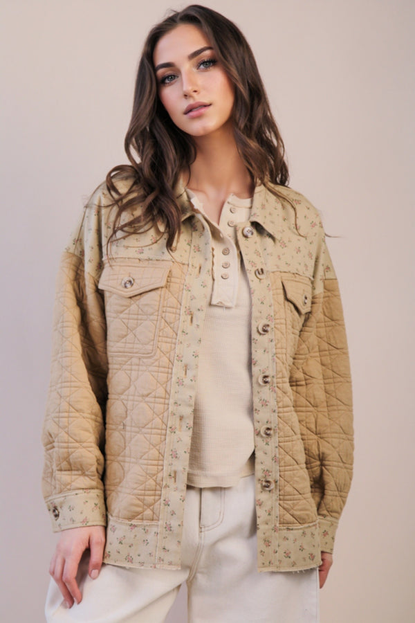 Oversized Floral Printed Contrast Cotton Jacket in Mocha