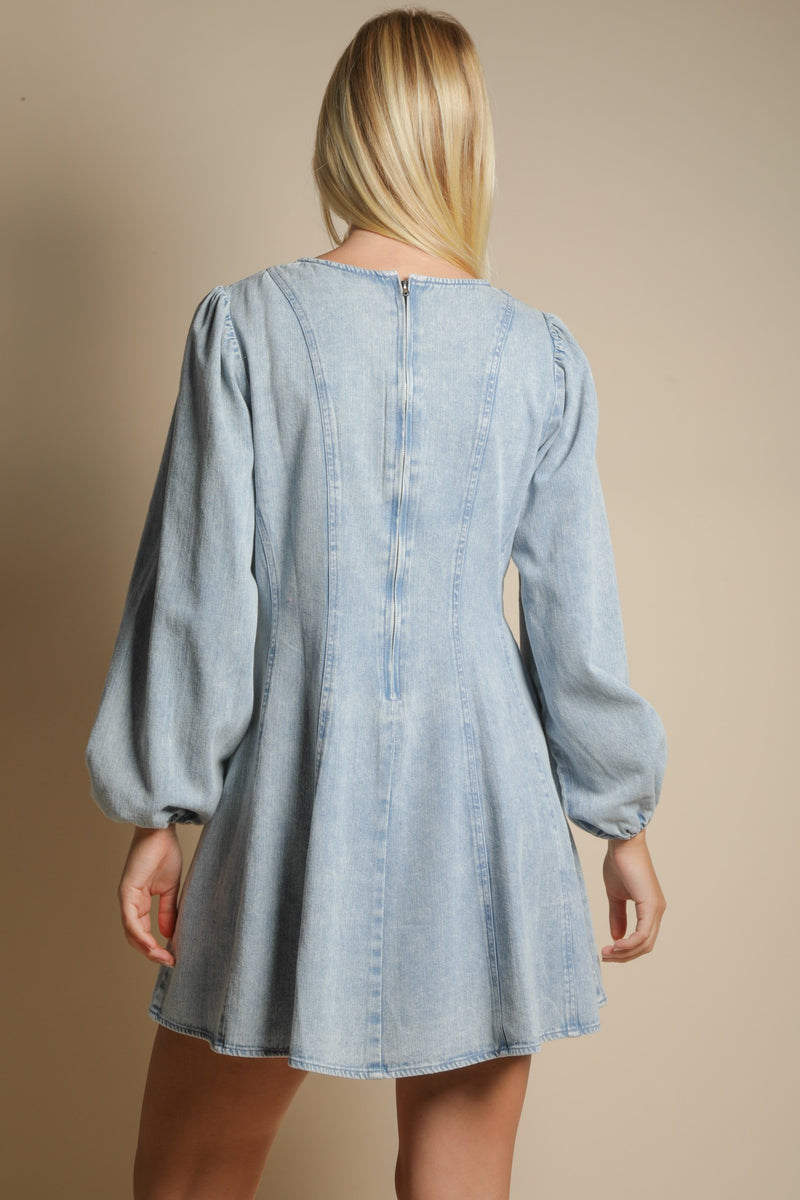 Mineral Washed Denim Seam Detail Mini Dress in Denim