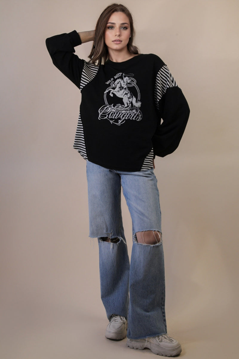 Oversized Mixed Media Western graphic Knit Top