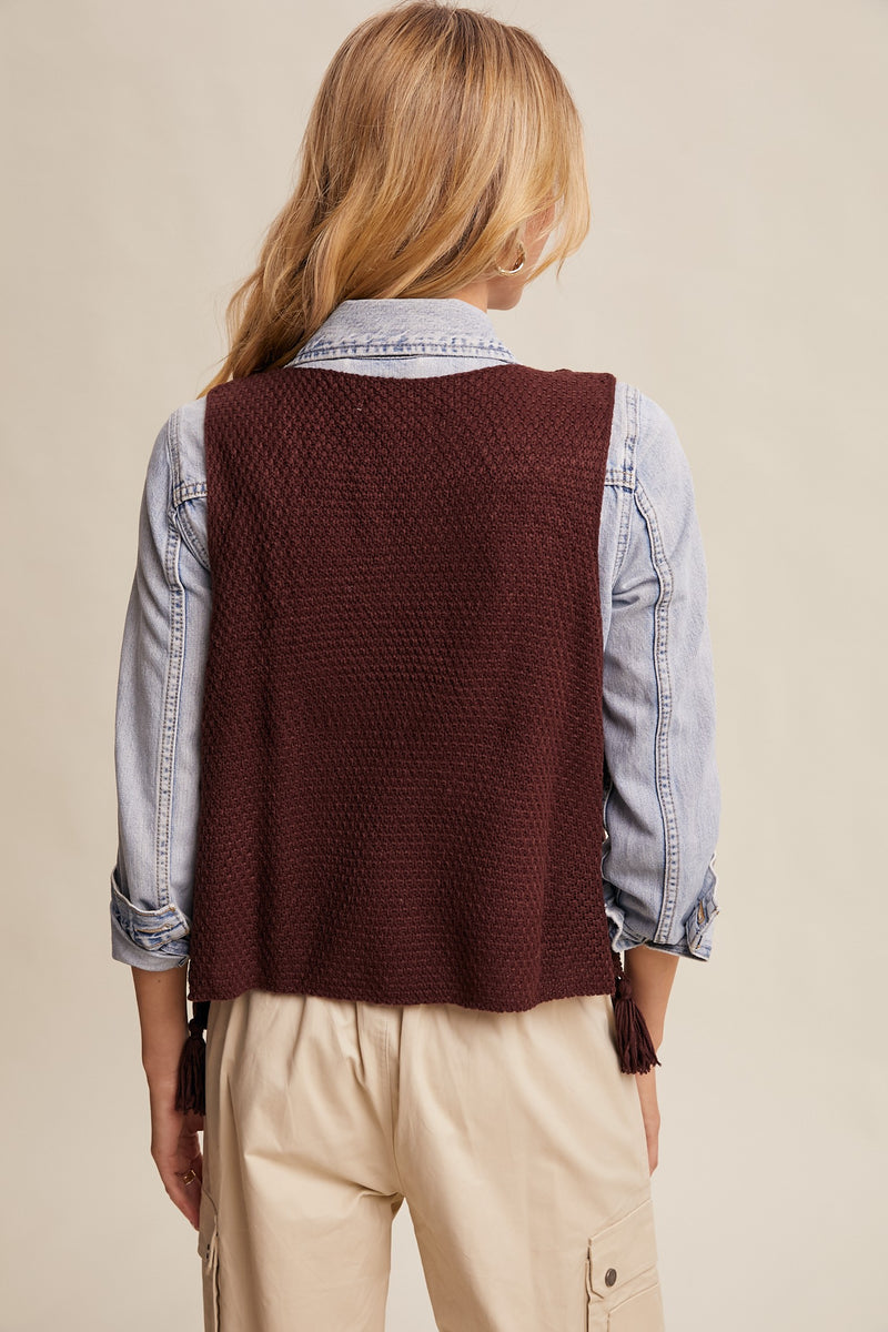 Crochet Granny Square Tassel Tie Vest in Mocha