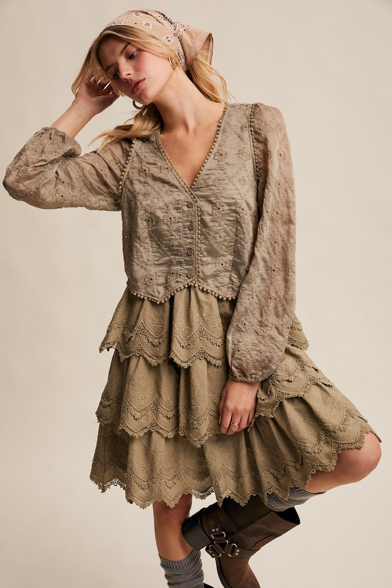 Tiered Scallop Embroidered Mini Dress in Olive