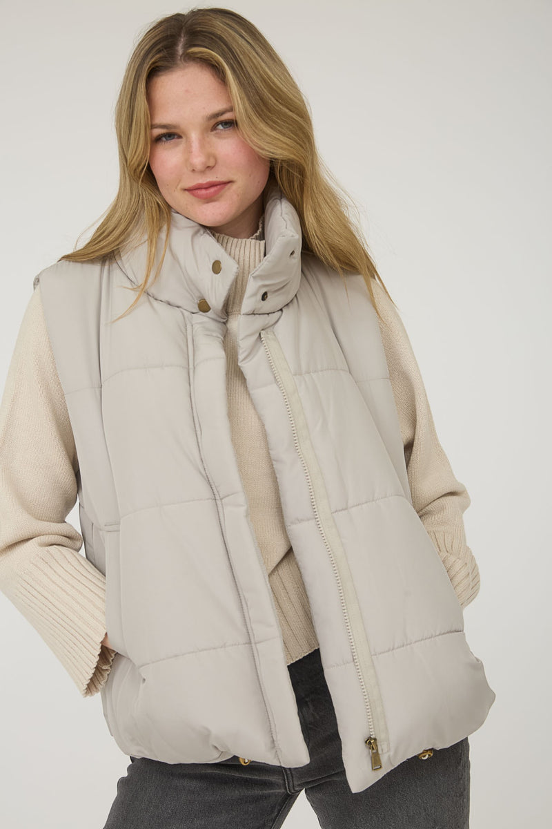 Solid Zip Up Puffer Vest in Cement