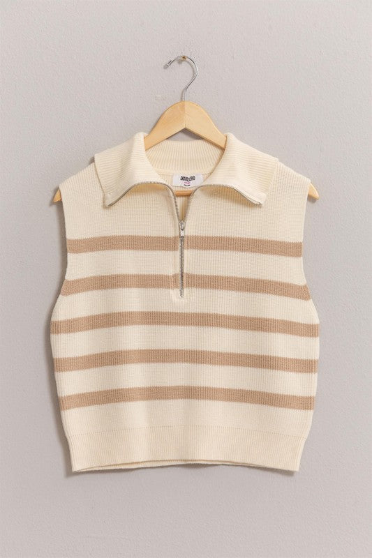 Striped Half Zip Sleeveless Sweater in Cream/Taupe