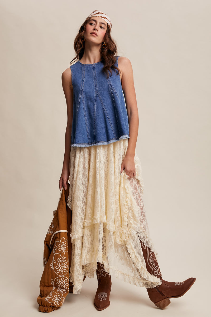 RESTOCK - Denim Flare Peplum Top in Medium Wash