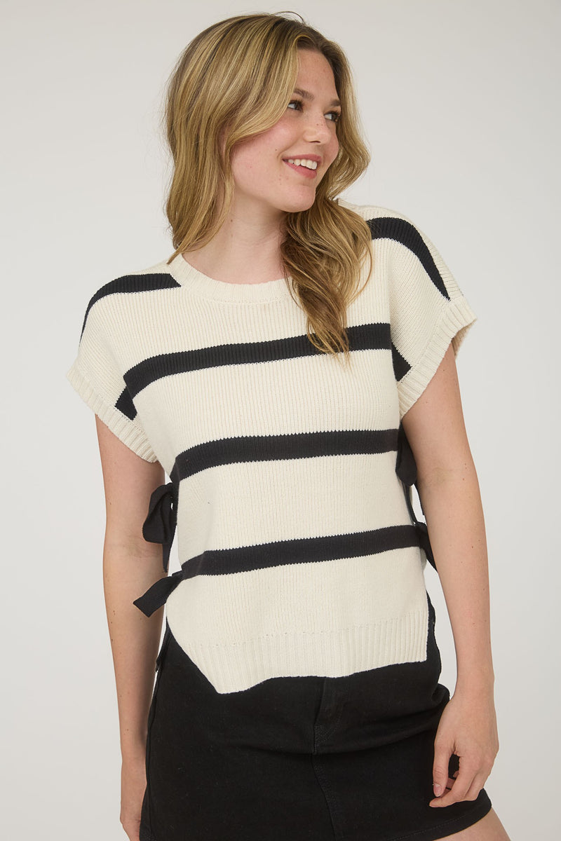 Stripe Side Tie Short Sleeve Knit Sweater