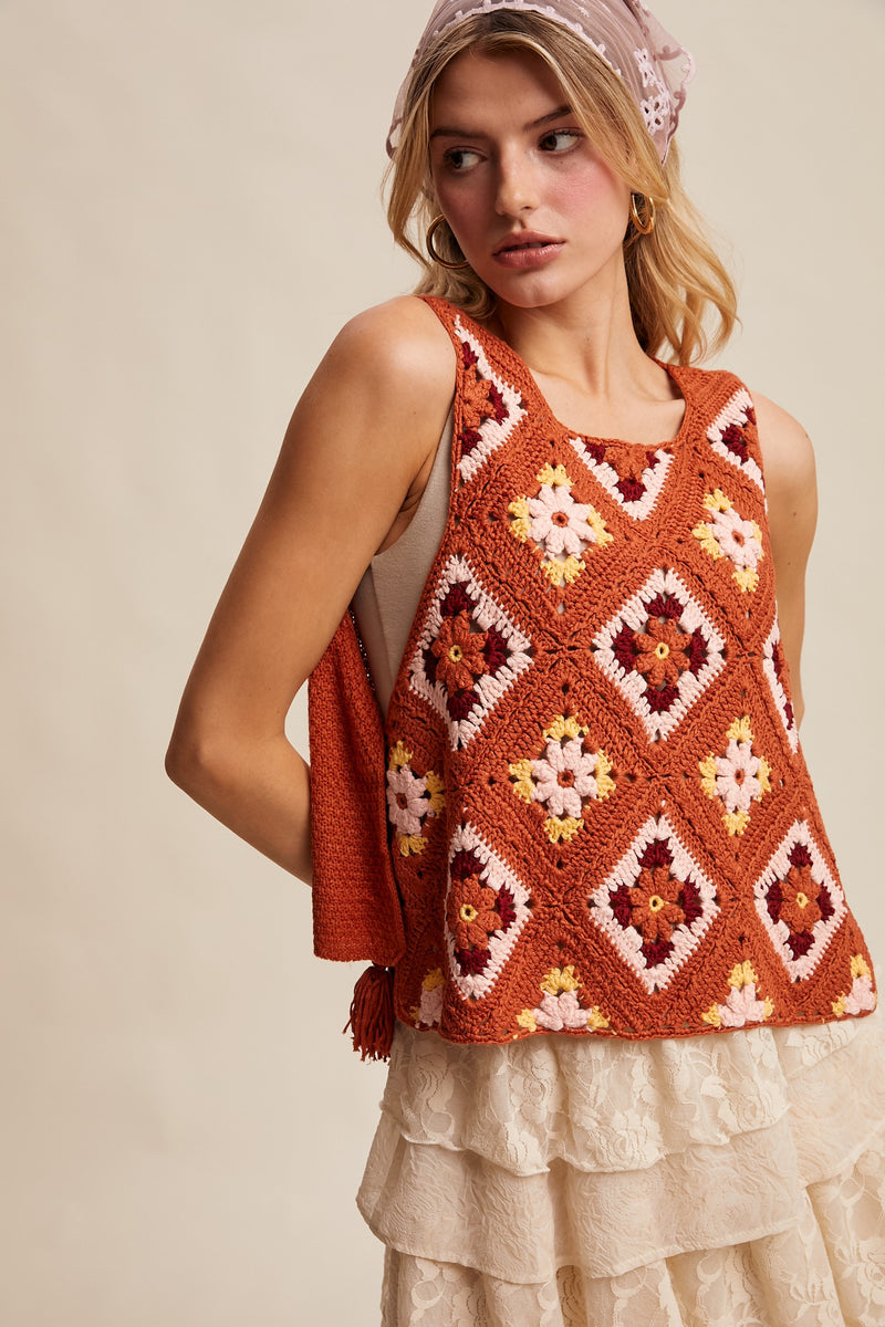 Crochet Granny Square Tassel Tie Vest in Rust