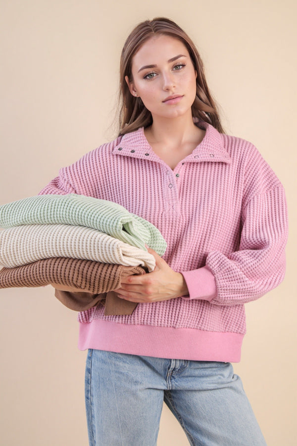 Oversized Half Button Down Casual Waffle Knit Top in Pink