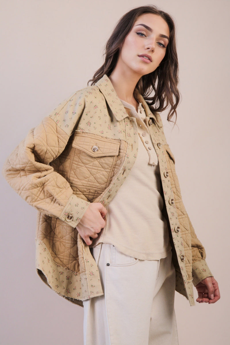 Oversized Floral Printed Contrast Cotton Jacket in Mocha