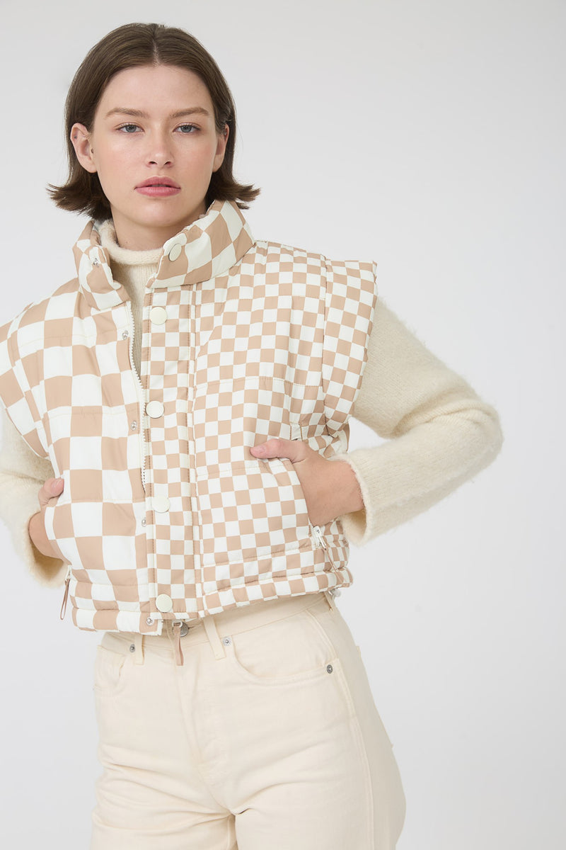 Checkered Cropped Zip-up Puffer Vest in Beige