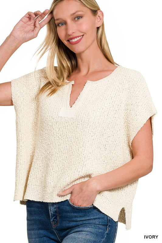 BACK PATCH ROLLED SPLIT-NECK SIDE SLIT PULLOVER in Ivory (S-XL)