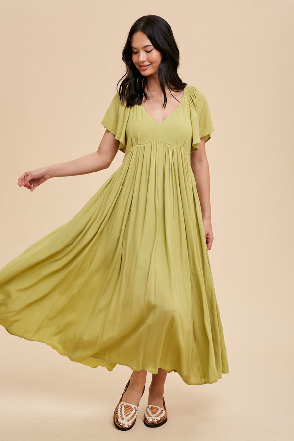 Viscose Flutter sleeve maxi dress in Pistachio- Final Sale