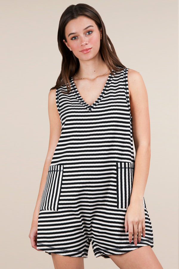 Striped Knit Casual Comfy Romper in Oat/Black