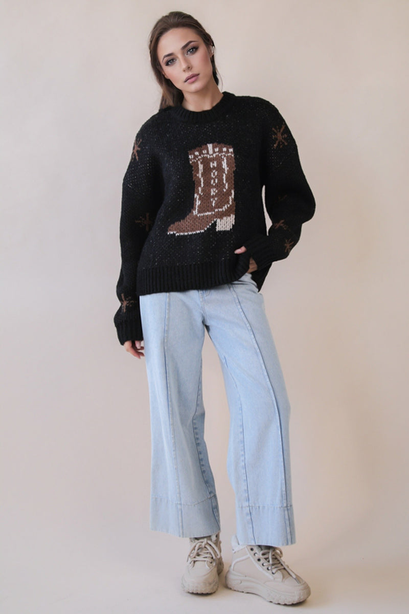 Cowboy Boots Graphic Print Knit Sweater (Black)