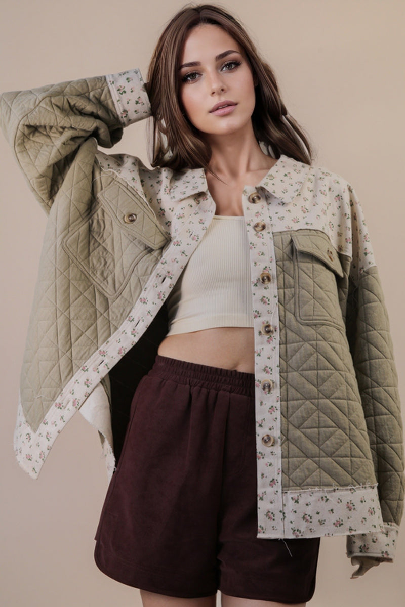 Oversized Floral Printed Contrast Cotton Jacket in Sage