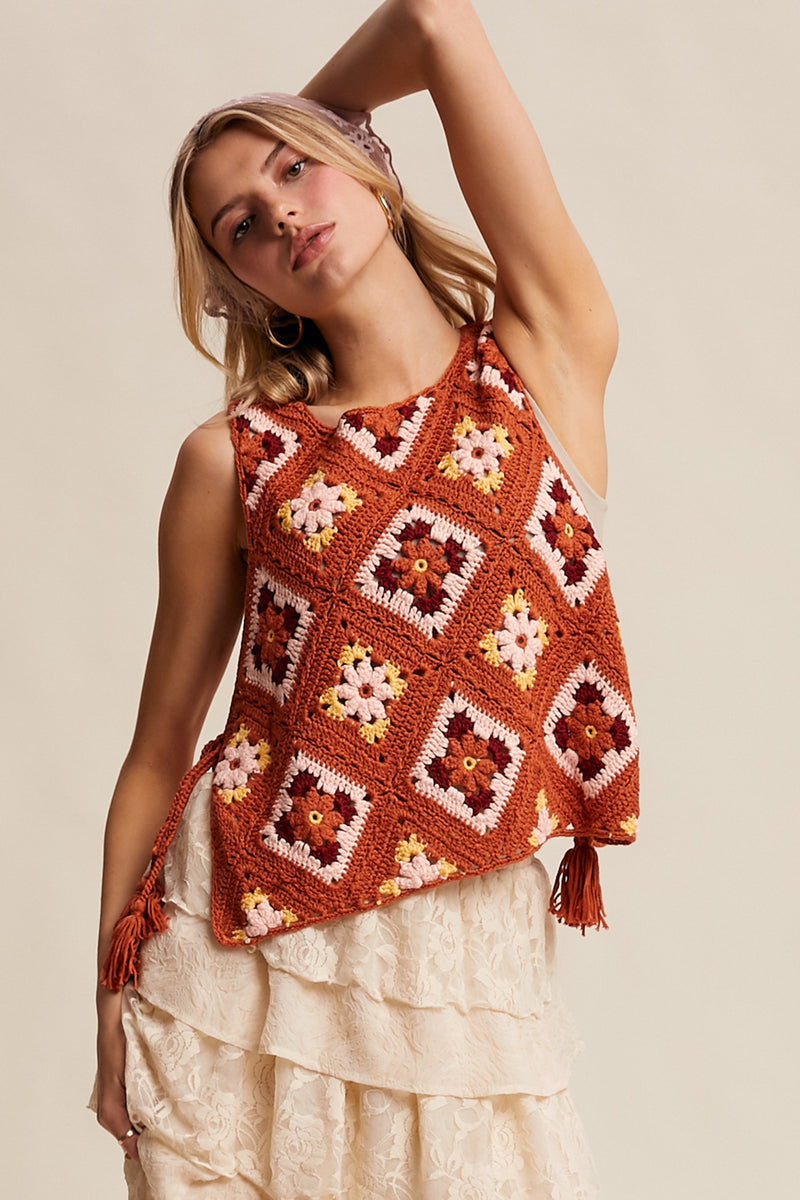 Crochet Granny Square Tassel Tie Vest in Rust