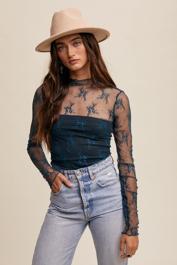 Sheer Lace Long-sleeve Top in Teal