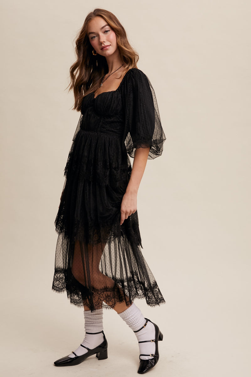 RESTOCK - Romantic Lace Midi Dress in Black