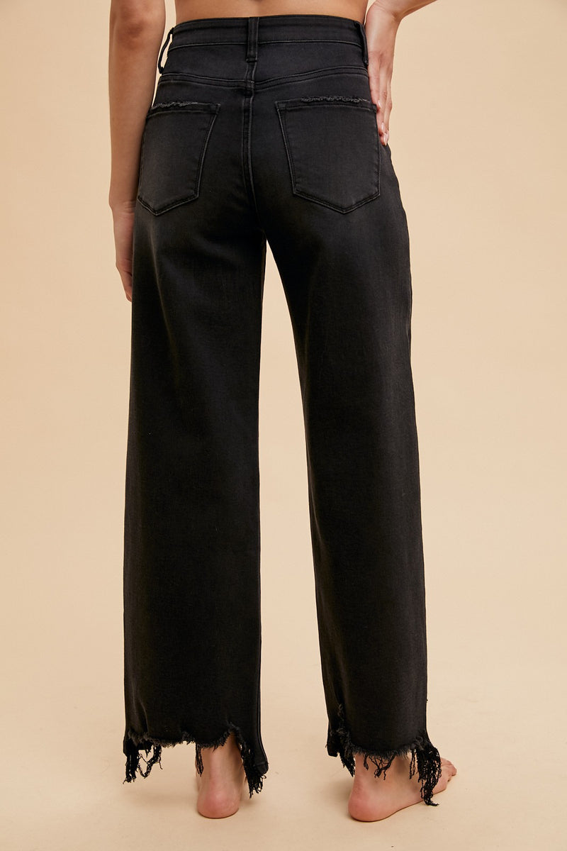 Asymmetrical Distressed Hem Straight Fit Jeans in Black (S-XL available)