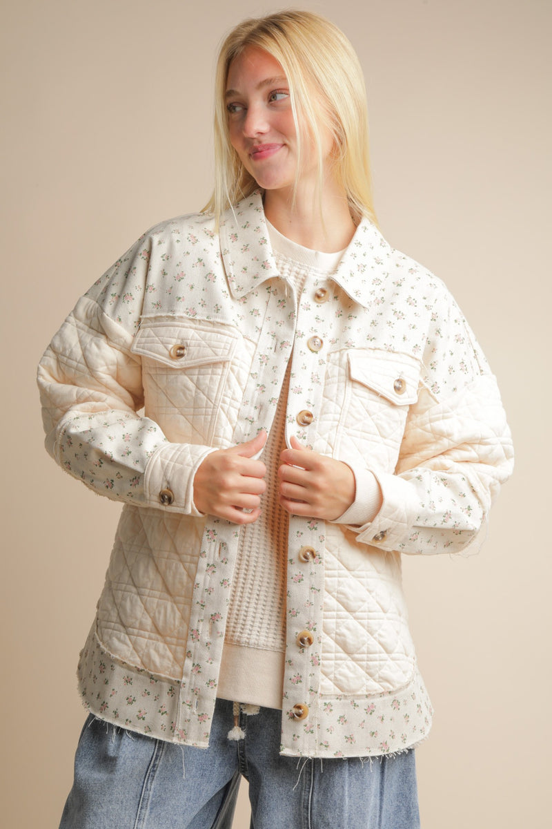 Oversized Floral Printed Contrast Cotton Jacket in Cream