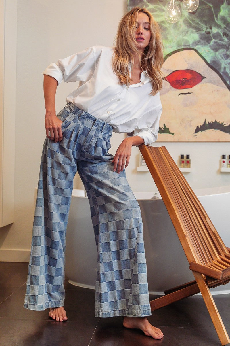 Washed Two Tone Checker Wide Pants (Available S-XL)