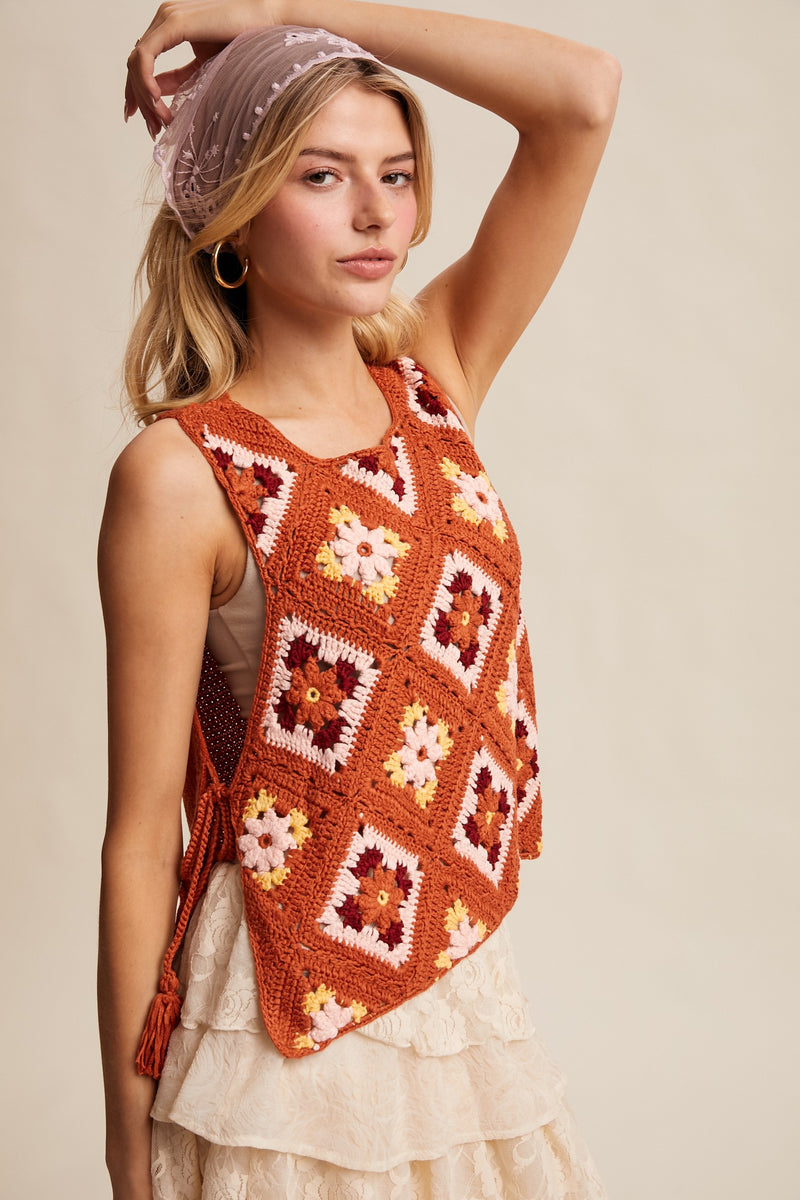 Crochet Granny Square Tassel Tie Vest in Rust