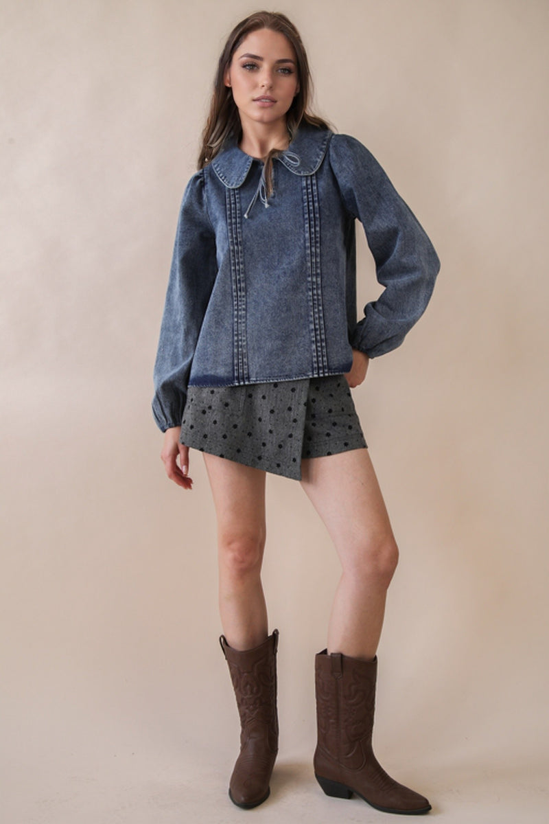 Mineral Washed Chambray Denim Blouse Top