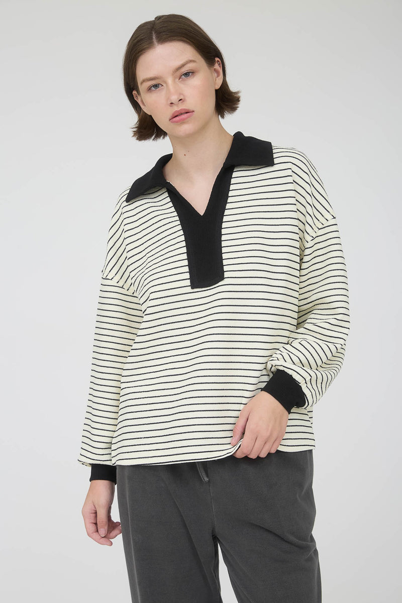 Contrast Collar Stripe Long Sleeve Knit Top in Ivory