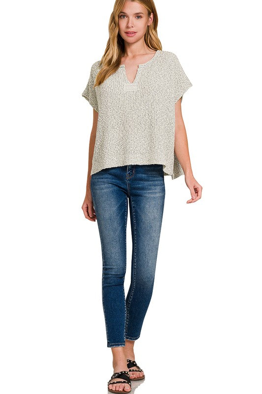 BACK PATCH ROLLED SPLIT-NECK SIDE SLIT PULLOVER in Bone (S-XL)