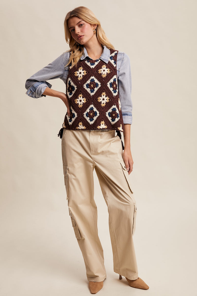 Crochet Granny Square Tassel Tie Vest in Mocha
