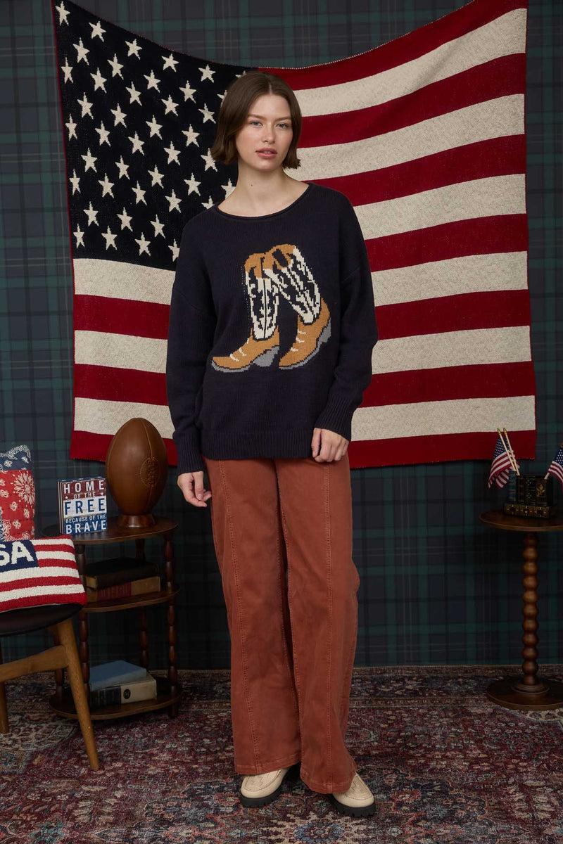 Western Boot Jacquard Long Sleeve Knit Sweater in Navy