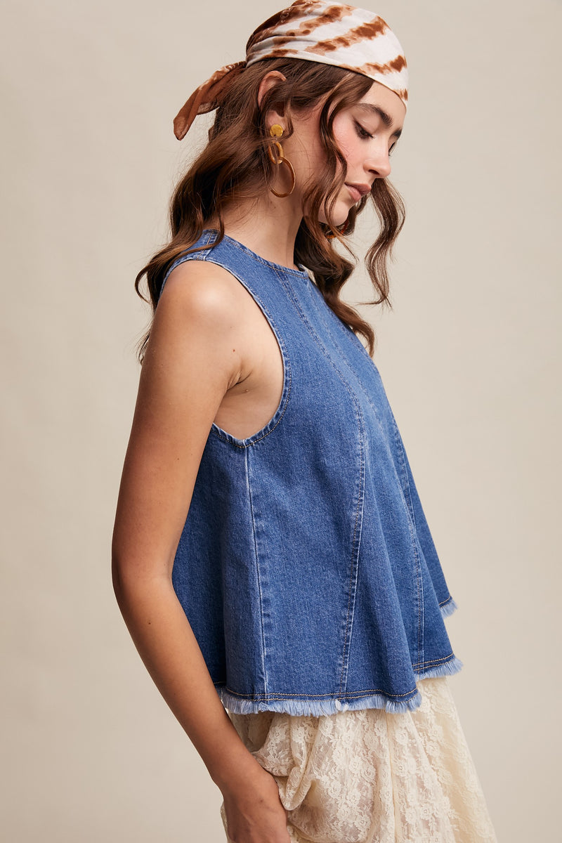 RESTOCK - Denim Flare Peplum Top in Medium Wash