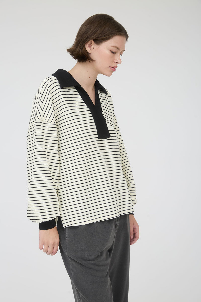 Contrast Collar Stripe Long Sleeve Knit Top in Ivory