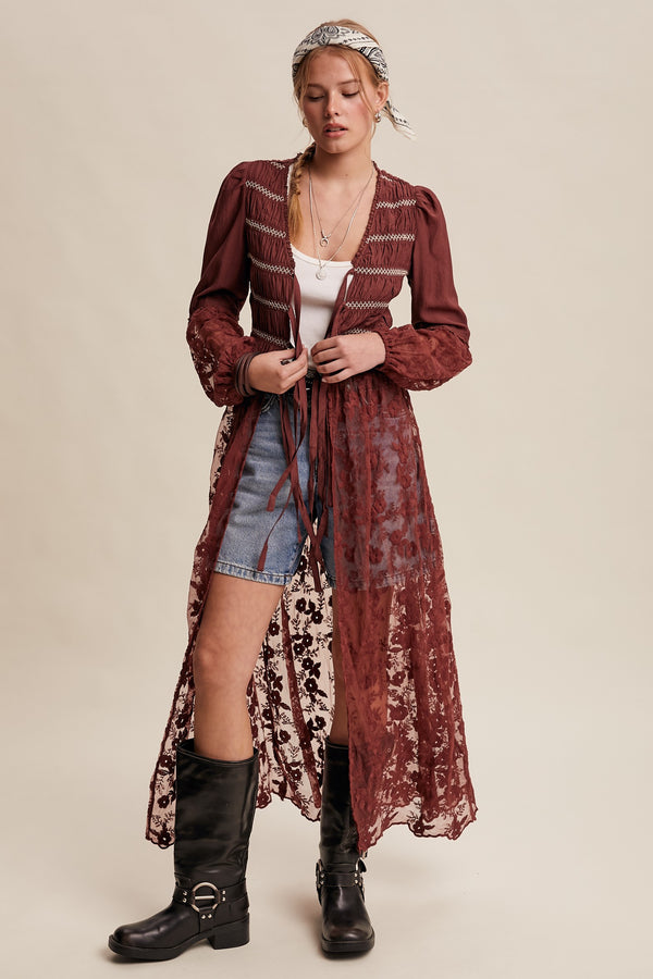 Lace-up Embroidered Maxi Kimono