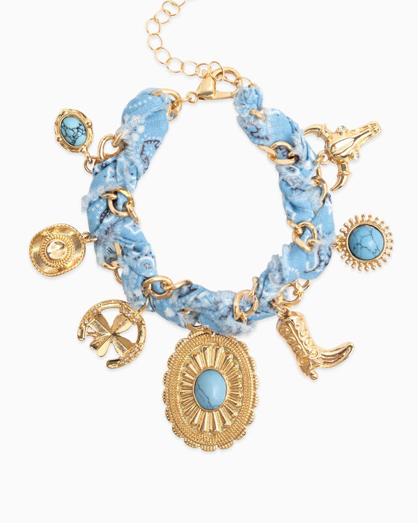 Paisley Scarf Western Concho Multi Charm Bracelet in Light Blue