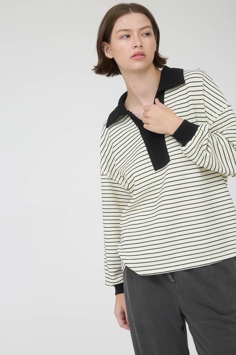 Contrast Collar Stripe Long Sleeve Knit Top in Ivory