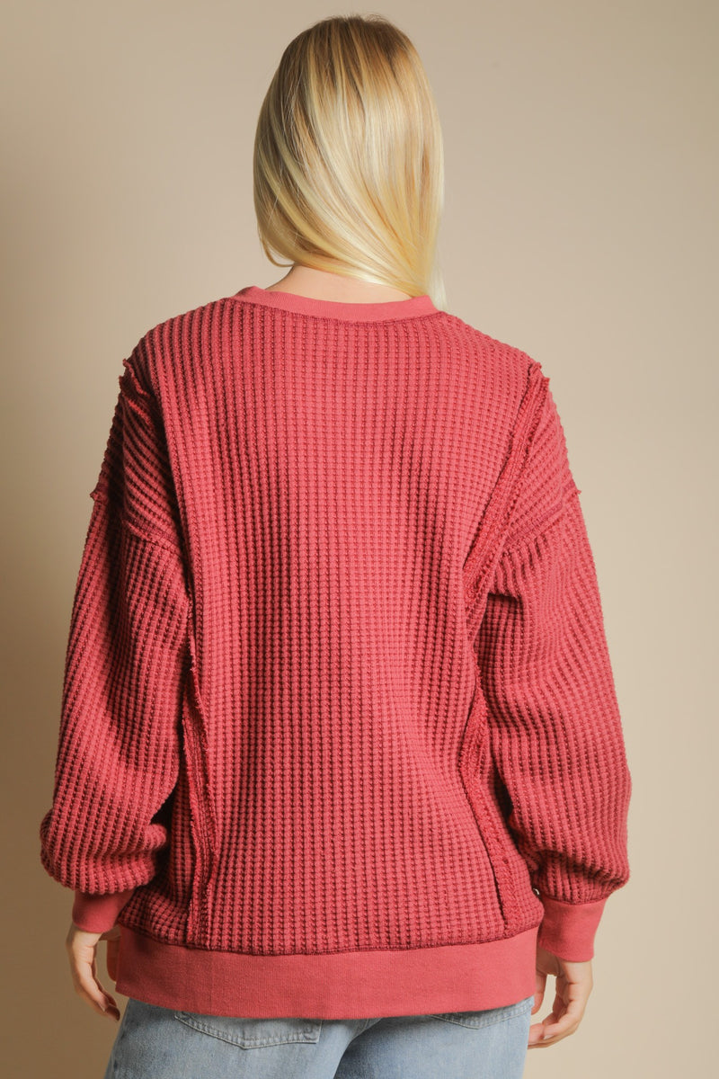 Oversized Waffle Knit Casual Top in Burgundy