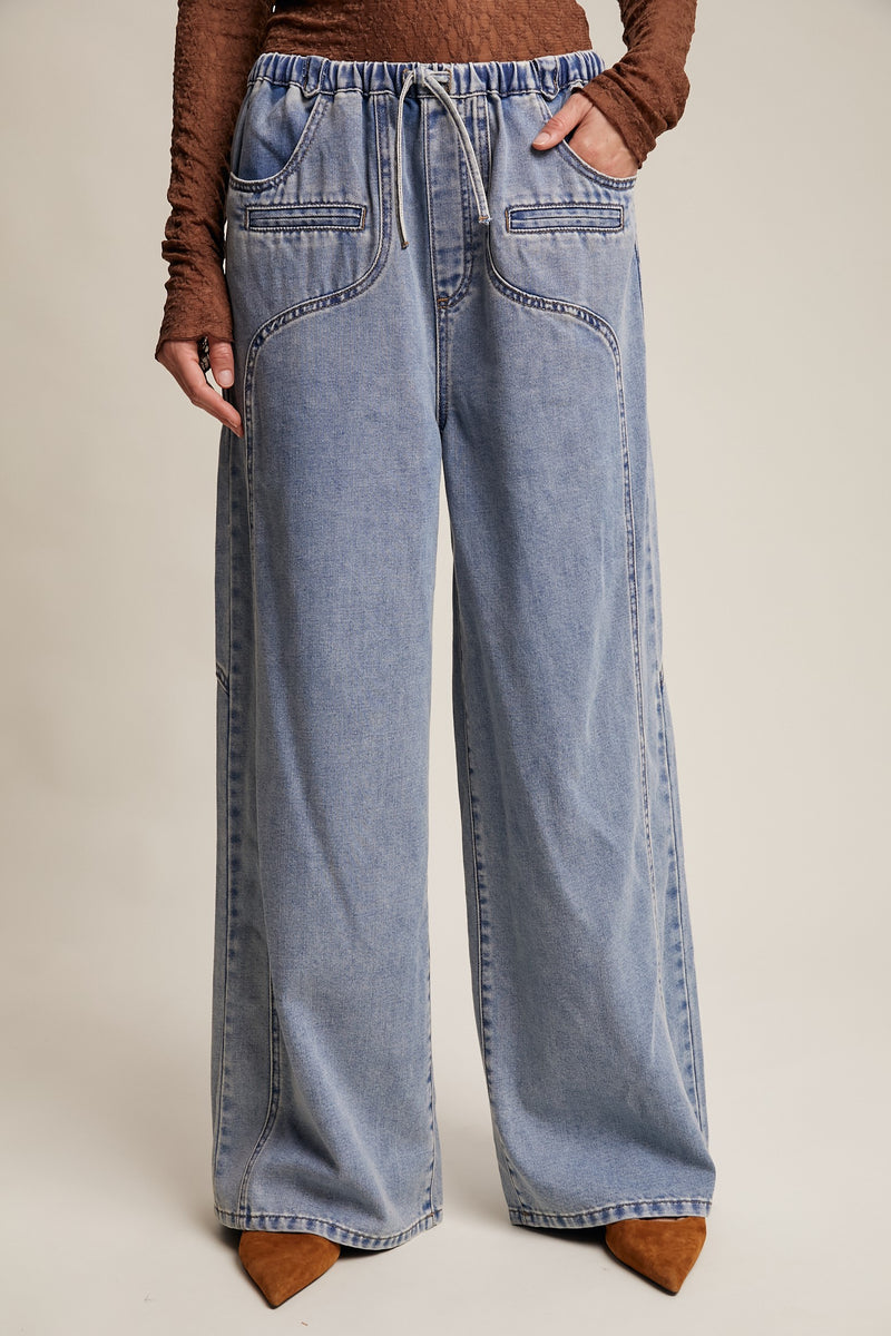 Wide Leg Denim Drawstring Pants