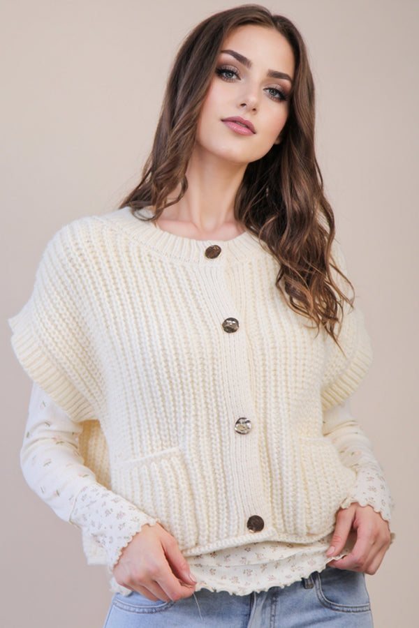 Oversized Button Down Knit Sweater Top in Cream