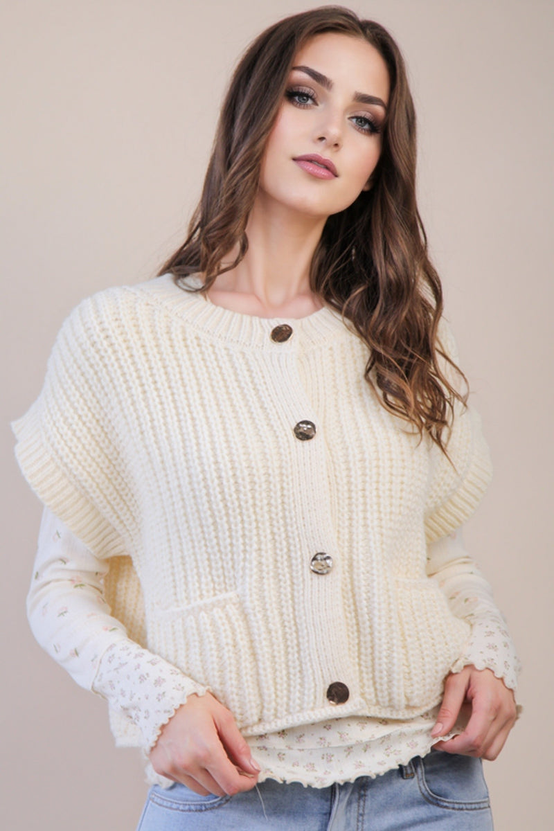 Oversized Button Down Knit Sweater Top in Cream