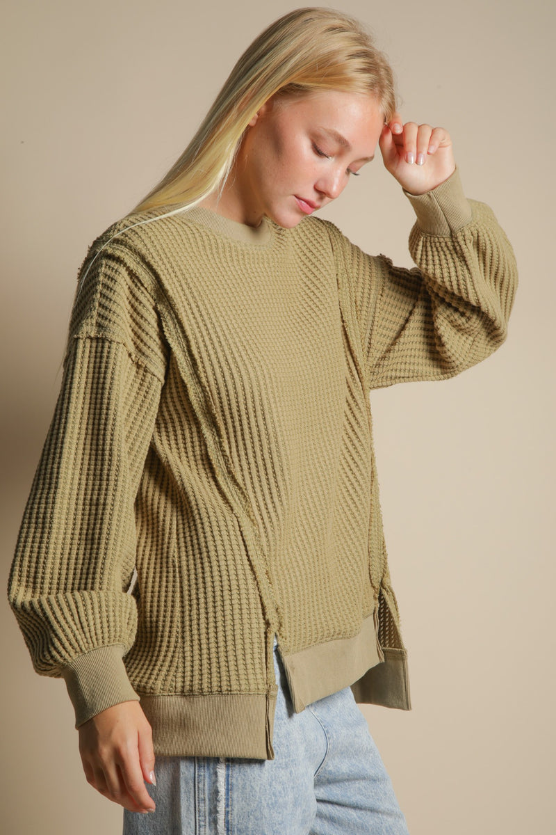 Oversized Waffle Knit Casual Top in Olive