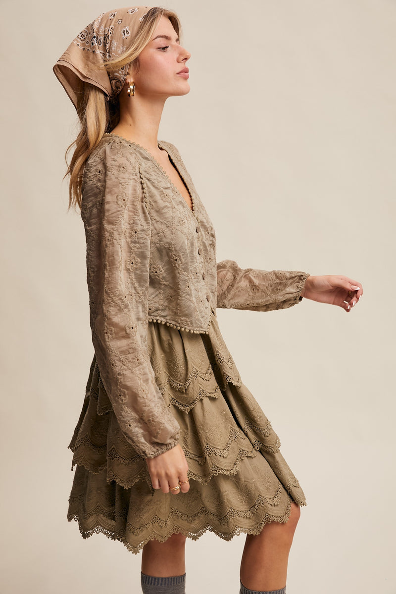 Tiered Scallop Embroidered Mini Dress in Olive