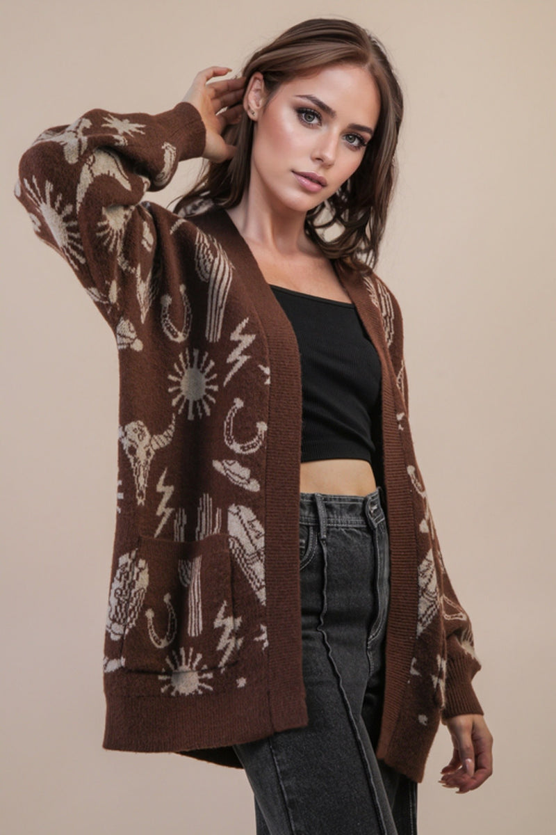 Oversized Western Graphic Knit Sweater Cardigan in Chocolate