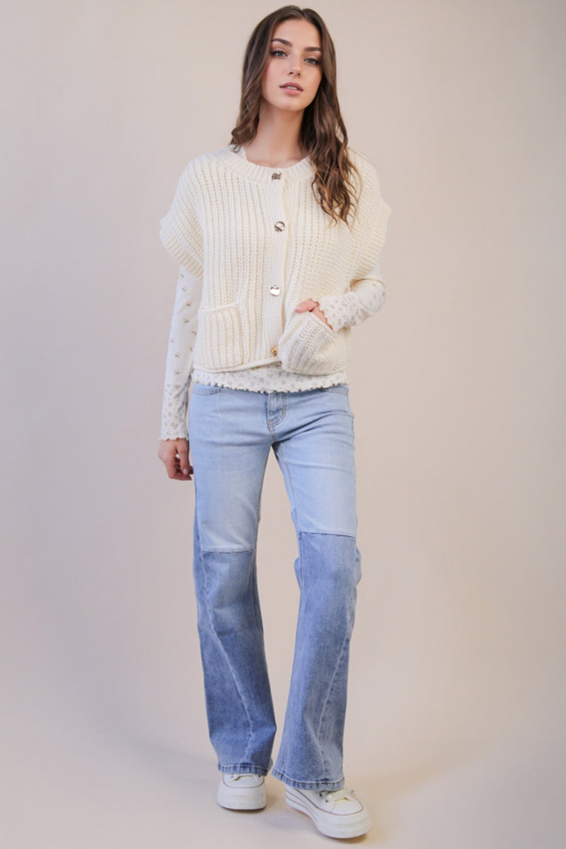 Oversized Button Down Knit Sweater Top in Cream
