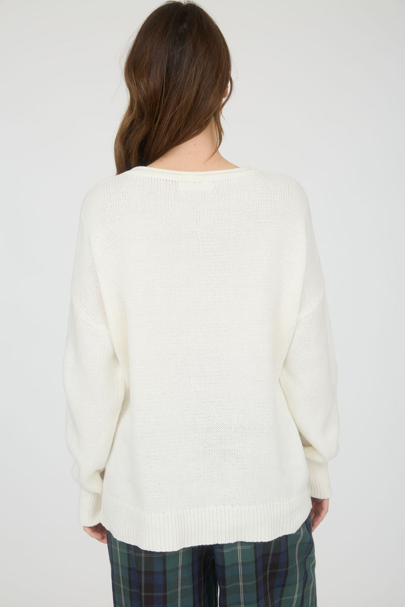Western Boot Jacquard Long Sleeve Knit Sweater in Ivory