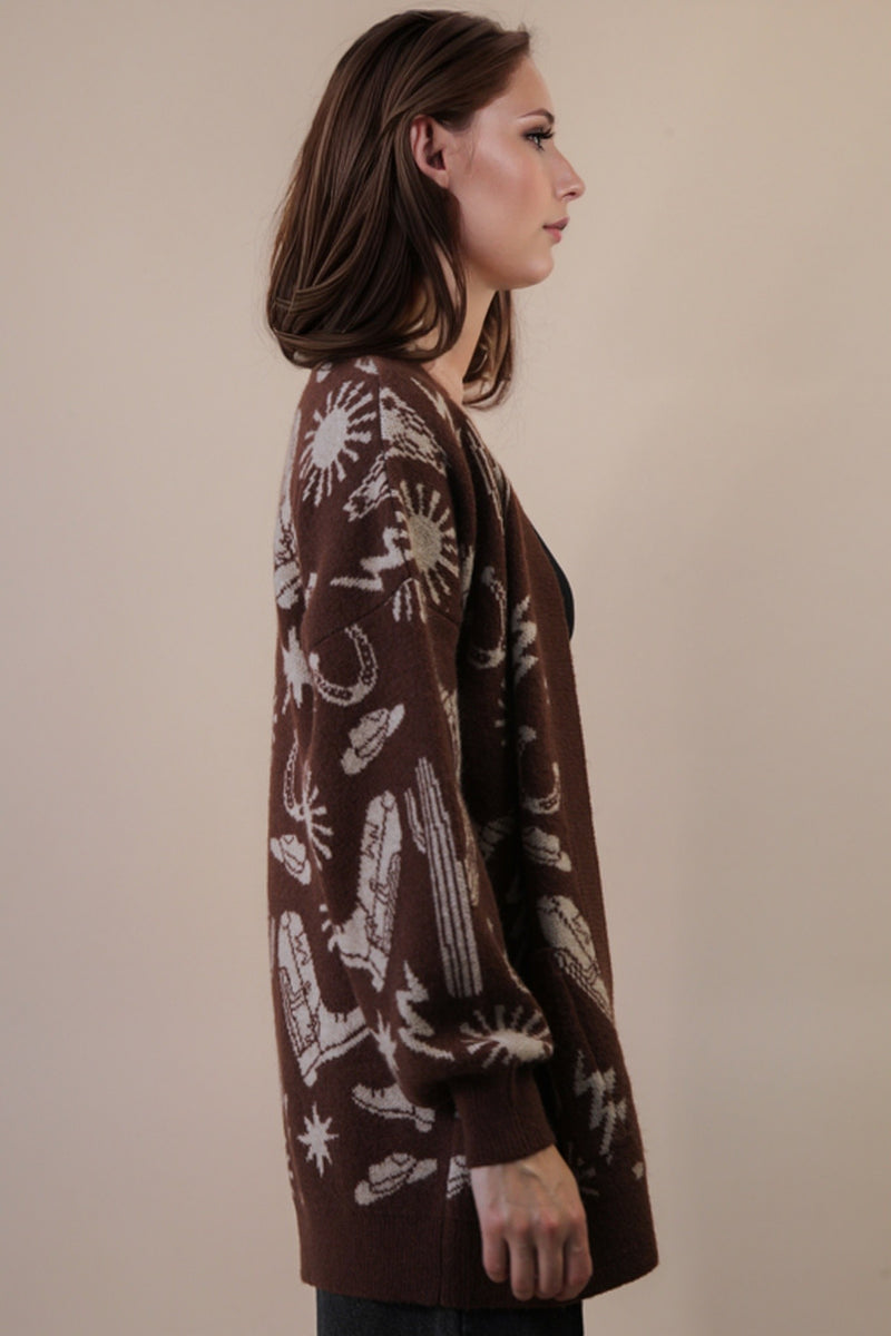 Oversized Western Graphic Knit Sweater Cardigan in Chocolate