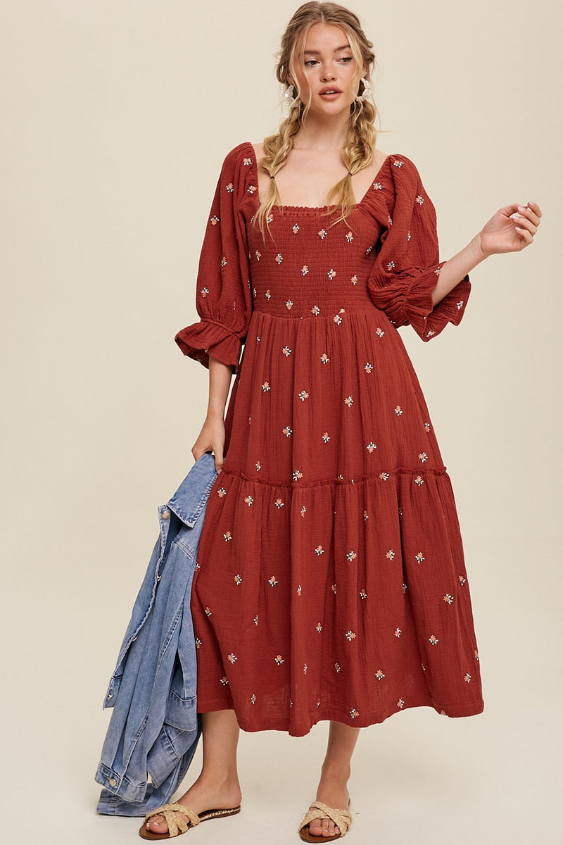 Ditzy Floral Embroidery Puff Sleeve Maxi Dress in Brick
