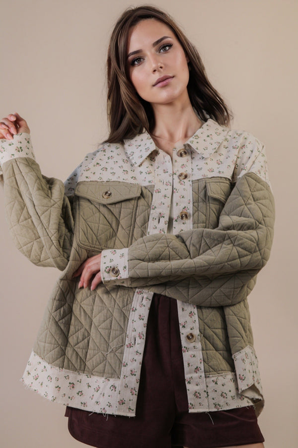 Oversized Floral Printed Contrast Cotton Jacket in Sage