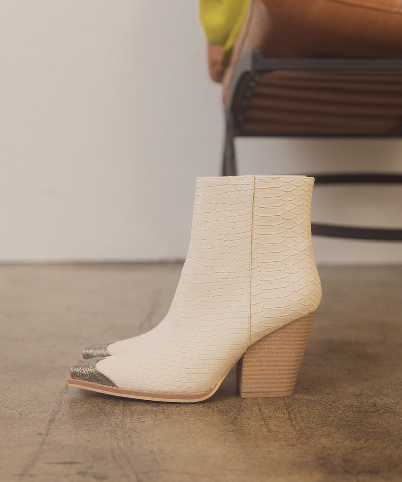 The Zion Beige | Elegant bootie with etched metal toe | by Oasis Society
